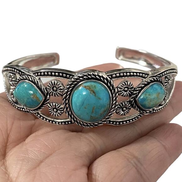 Stauer Triple Turquoise Cuff Open Bangle Silver Bracelet